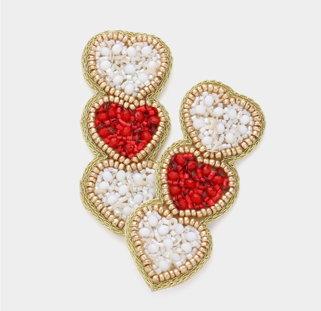 Triple Beaded Heart Earrings