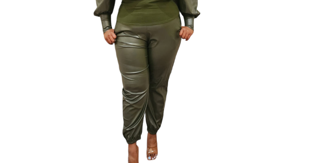 Olive Green Faux Leather Joggers